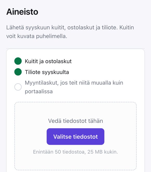Aineistosivu: tiedostot vedetään laatikkoon tai valitaan painikkeella Valitse tiedostot.